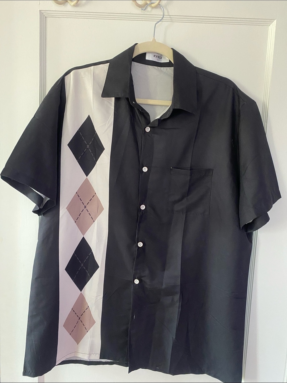 Black Short-Sleeve Button-Down Shirt with Argyle Panel